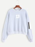 Romwe Pale Blue Drop Shoulder Letters Print Zipper Sweatshirt