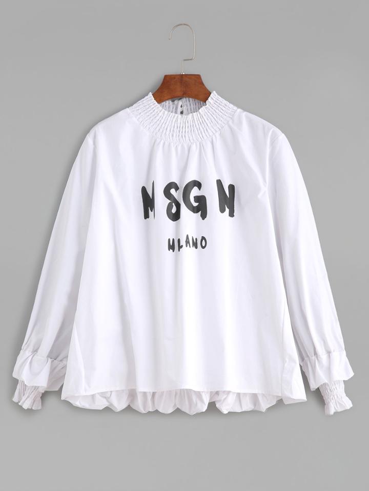 Romwe White Letter Print Buttoned Keyhole Shirred Cuff Blouse
