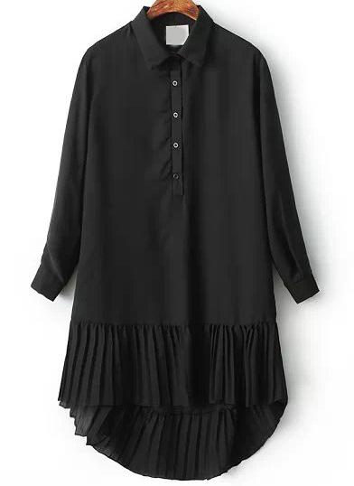 Romwe Black Lapel Pleated Dip Hem Blouse