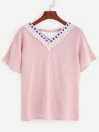 Romwe Pink Contrast Lace Embroidered Tape Detail Top