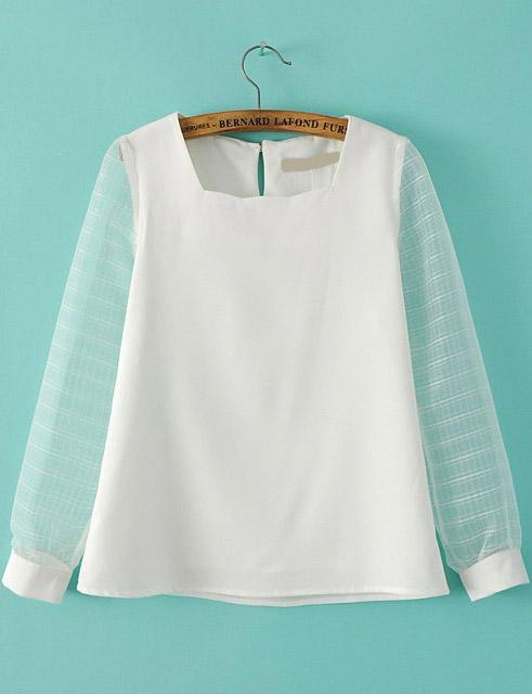 Romwe Square Neck Contrast Organza Long Sleeve White Blouse