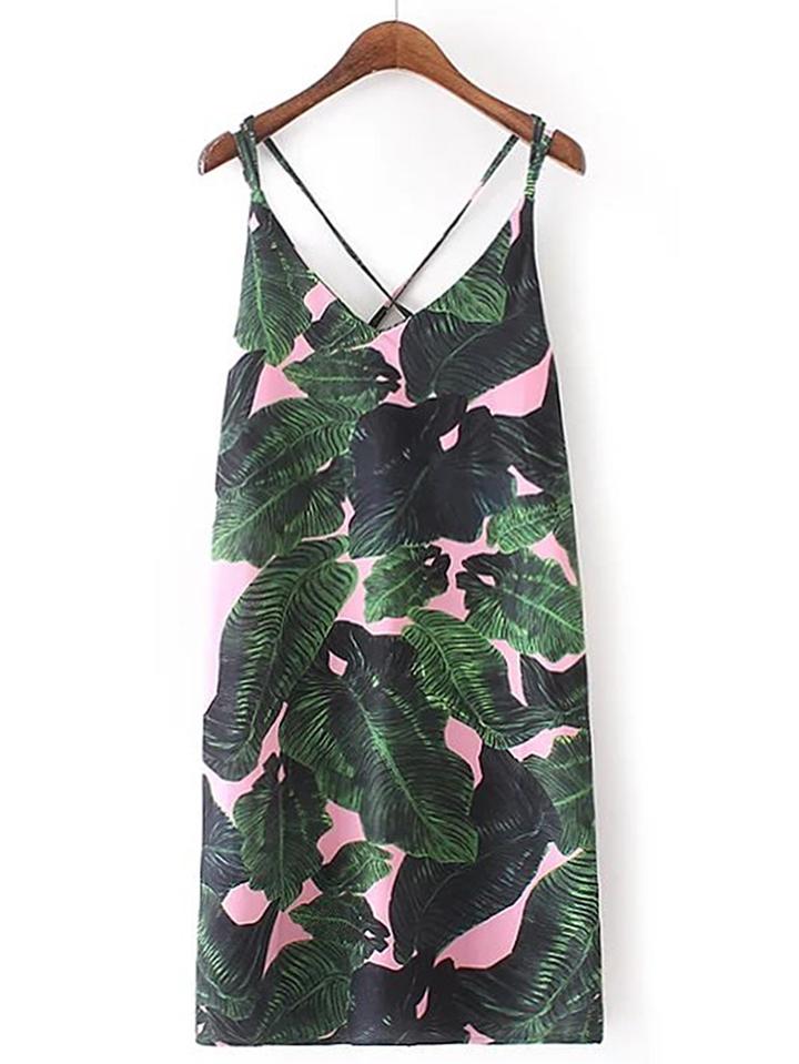 Romwe Tropical Print Criss Cross Back Cami Dress