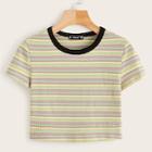 Romwe Contrast Neck Striped Rib-knit Crop Tee