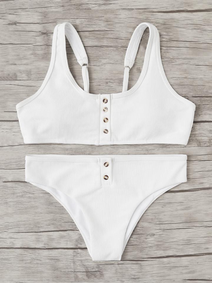 Romwe Button Front Bikini Set