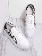 Romwe White Printed Lace Up Leather Sneakers