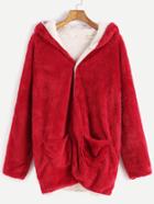 Romwe Red Hooded Fuzzy Coat With Pockets