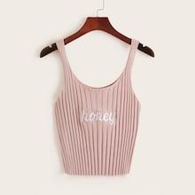 Romwe Letter Embroidered Rib-knit Crop Top
