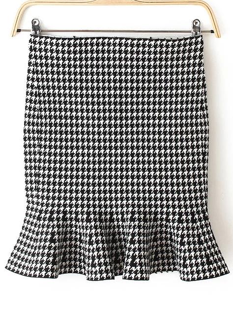 Romwe Houndstooth Ruffle Hem Bodycon Skirt