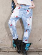 Romwe Women Distressed Lipstick Print Jeans