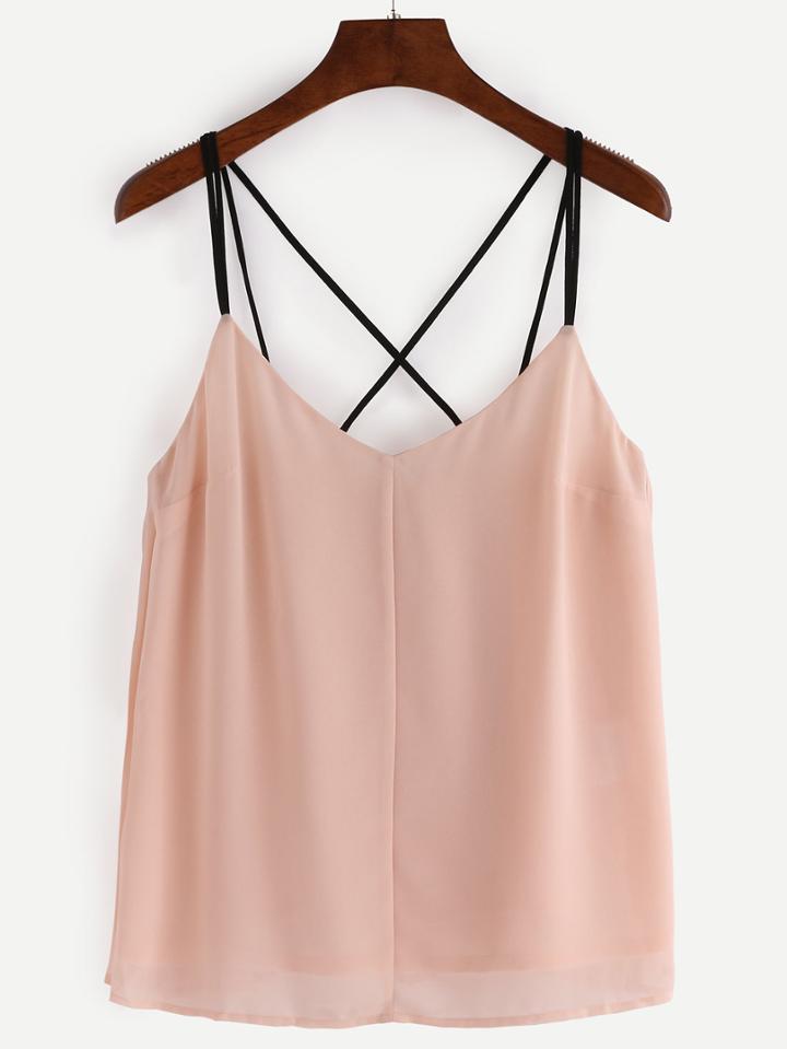Romwe Strappy Pleated Chiffon Cami Top - Apricot