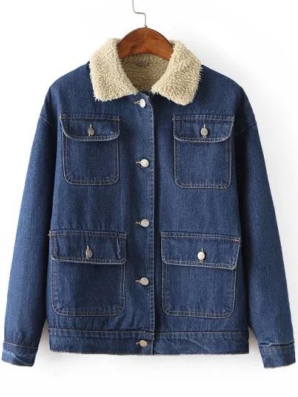 Romwe Women Lapel Pockets Buttons Thicken Denim Coat