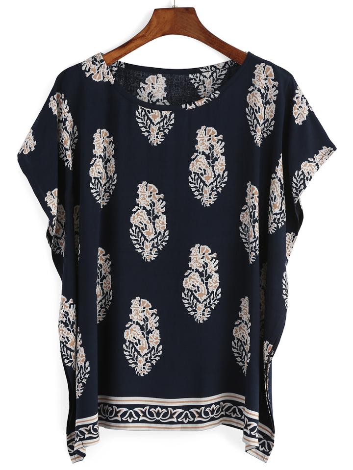 Romwe Navy Crew Neck Tribal Print Blouse