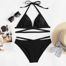 Romwe Plus Triangle Halter Top With Strappy Bikini Set