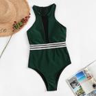Romwe Striped Contrast Mesh High Neck One Piece Swimsuit
