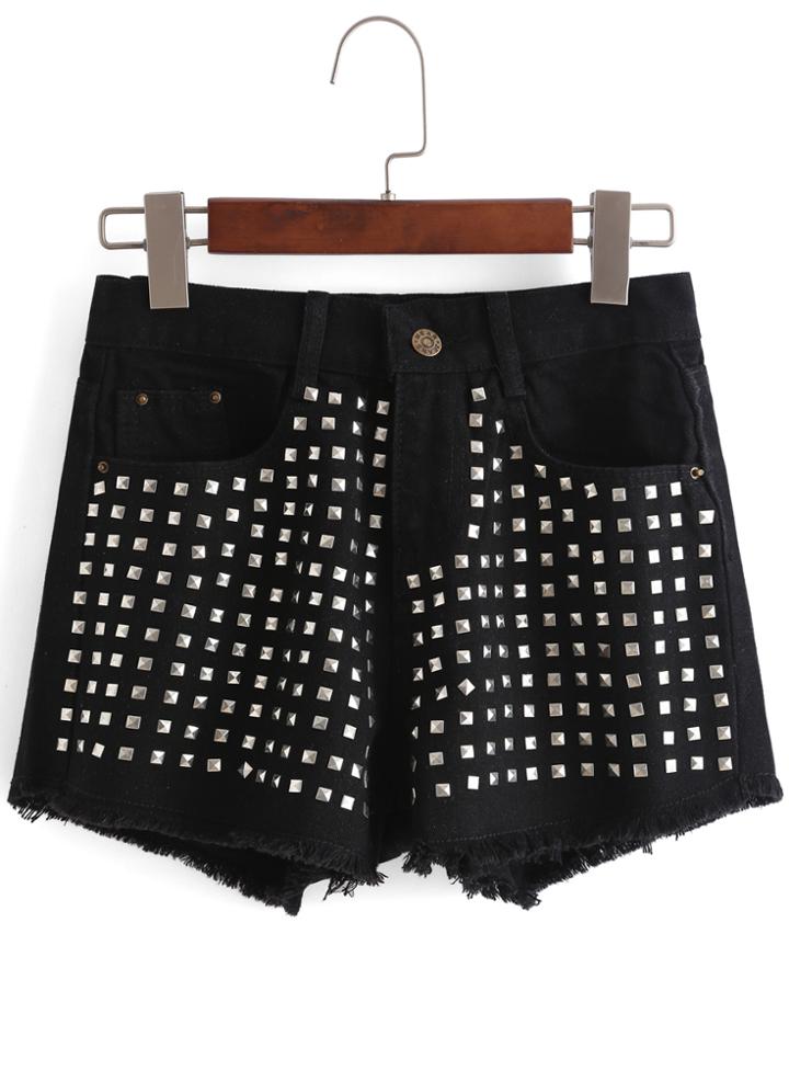 Romwe With Rivet Fringe Denim Black Shorts