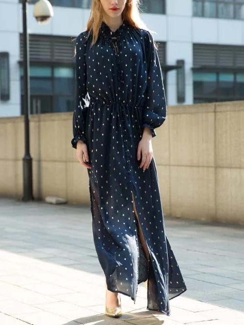 Romwe Ruffle Collar Print Lace Up Split Chiffon Shirt Dress