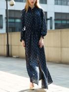 Romwe Ruffle Collar Print Lace Up Split Chiffon Shirt Dress