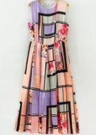 Romwe Multicolor Sleeveless Plaid Floral Pleated Dress