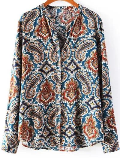 Romwe Blue Long Sleeve Vintage Cashews Print Blouse