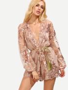 Romwe Champagne Deep V Neck Sequined Romper With Belt