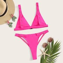 Romwe Neon Hot Pink Eyelet Buckle High Cut Bikini