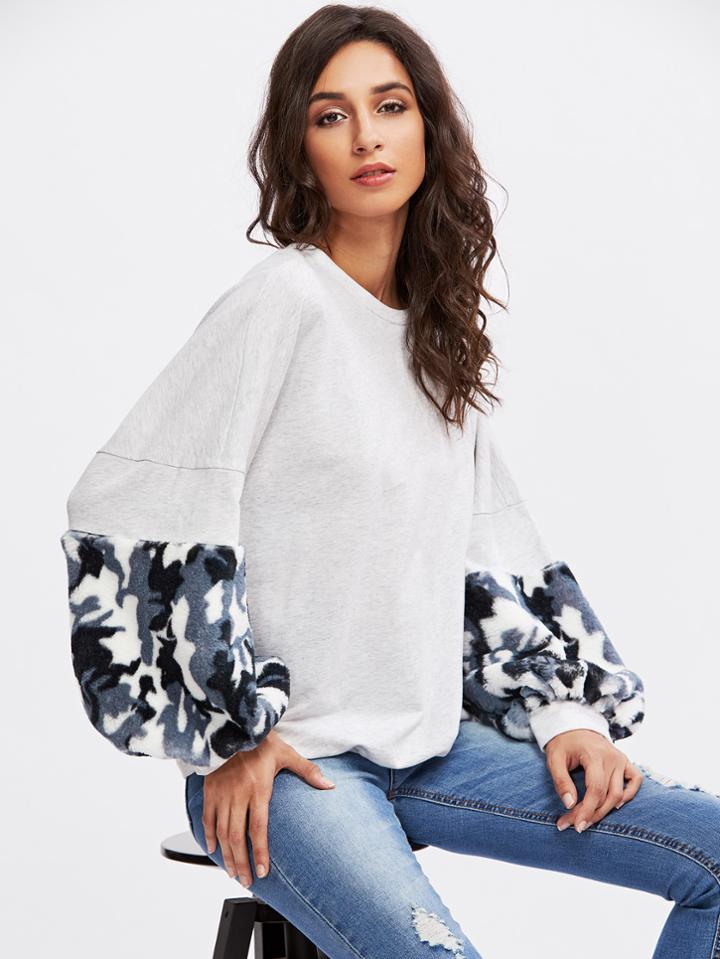 Romwe Camo Faux Fur Panel Exaggerate Lantern Sleeve Sweatshirt