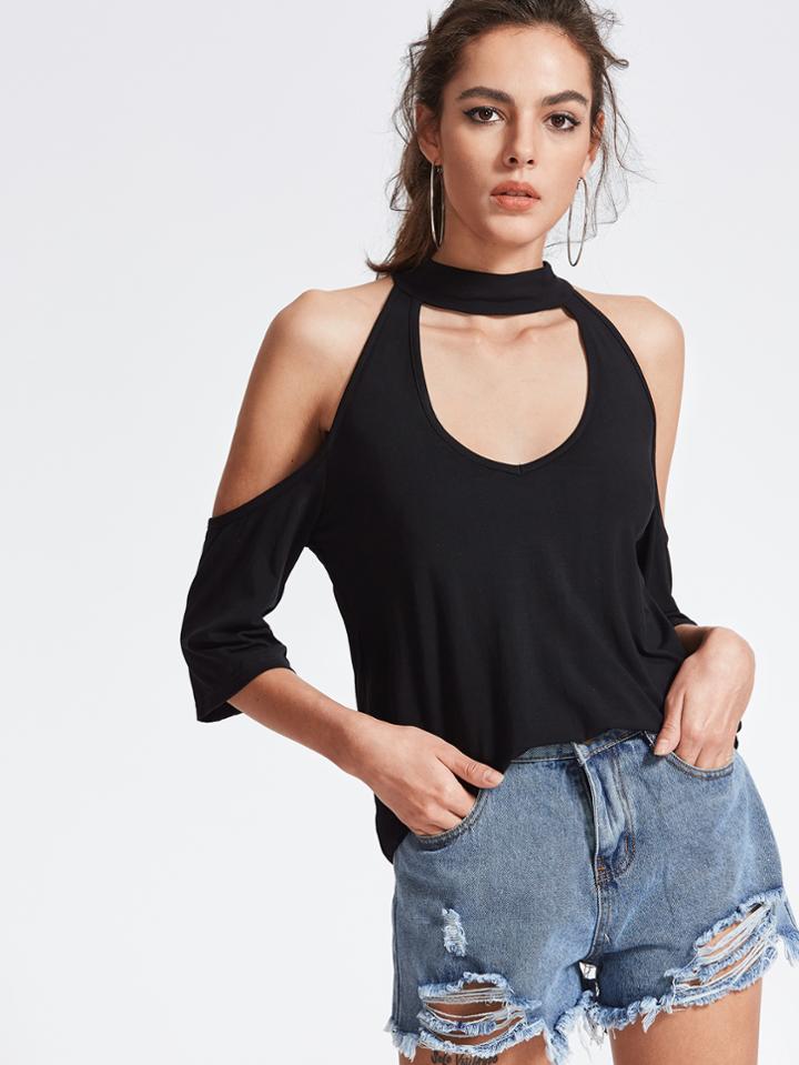 Romwe Black Cutout Choker Cold Shoulder Bow Back T-shirt