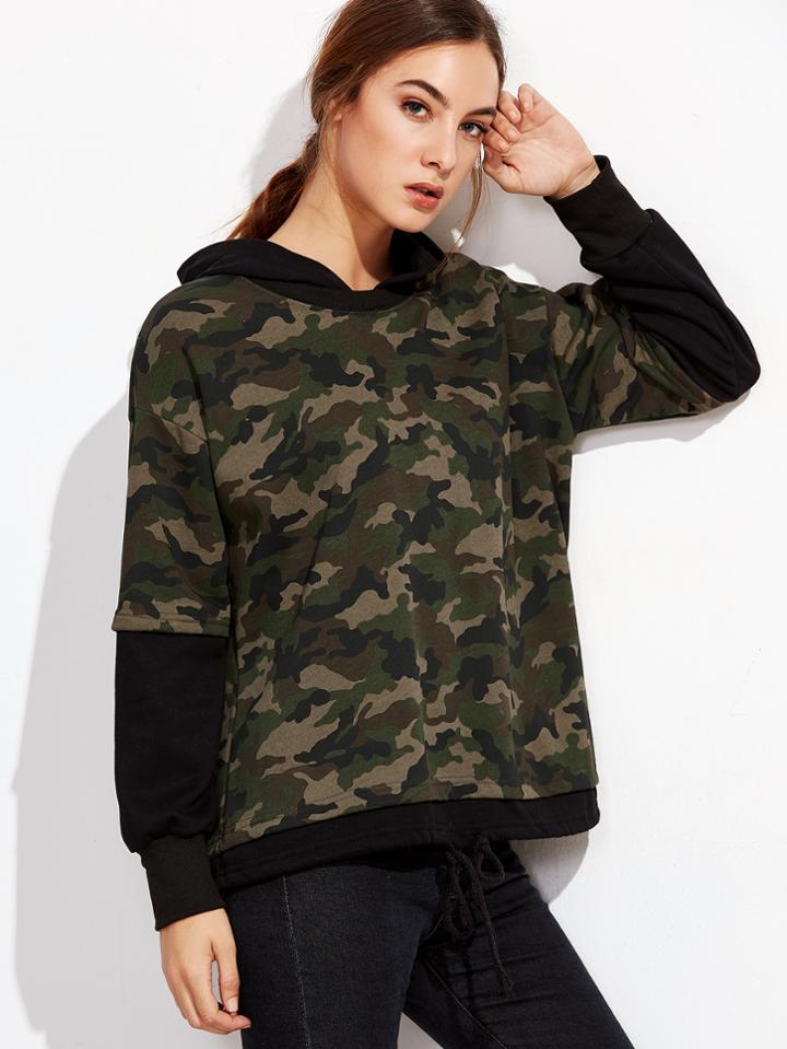 Romwe Camo Print Drawstring 2 In 1 Hooded Sweatshirt