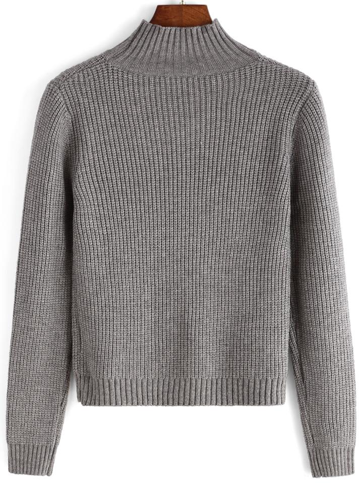 Romwe Women Mock Neck Slim Grey Sweater