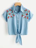 Romwe Floral Embroidered Knot Front Cuffed Shirt