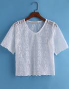 Romwe Floral Crochet Hollow White T-shirt