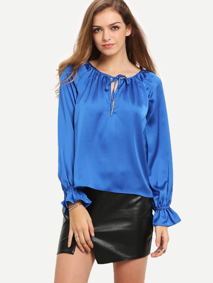 Romwe Blue Tie Neck Ruffle Cuff Blouse
