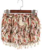 Romwe Drawstring With Tassel Florals Shorts