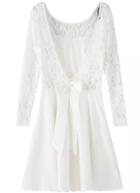 Romwe Back Deep V With Bow Lace White Dress