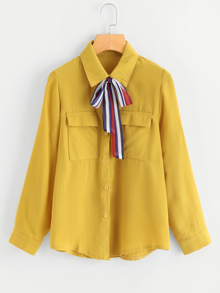 Romwe Dual Pocket Tie Neck Shirt