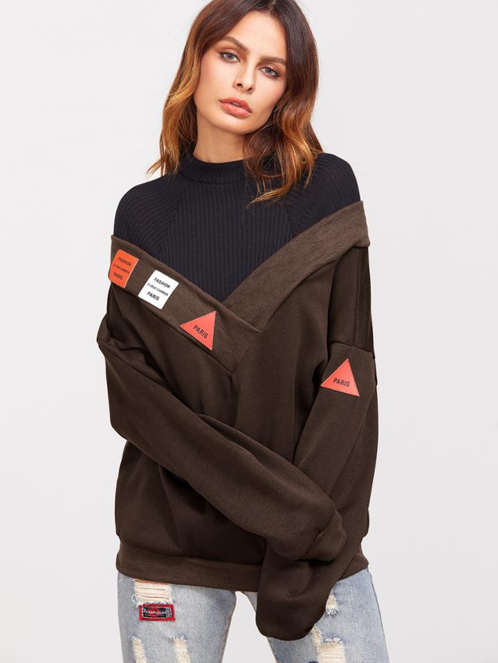 Romwe Coffee Contrast Ribbed Patch Detail 2 In 1 Sweatshirt