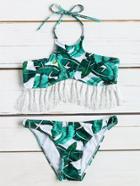 Romwe Green Leaf Print Fringe Trim Halter Bikini Set