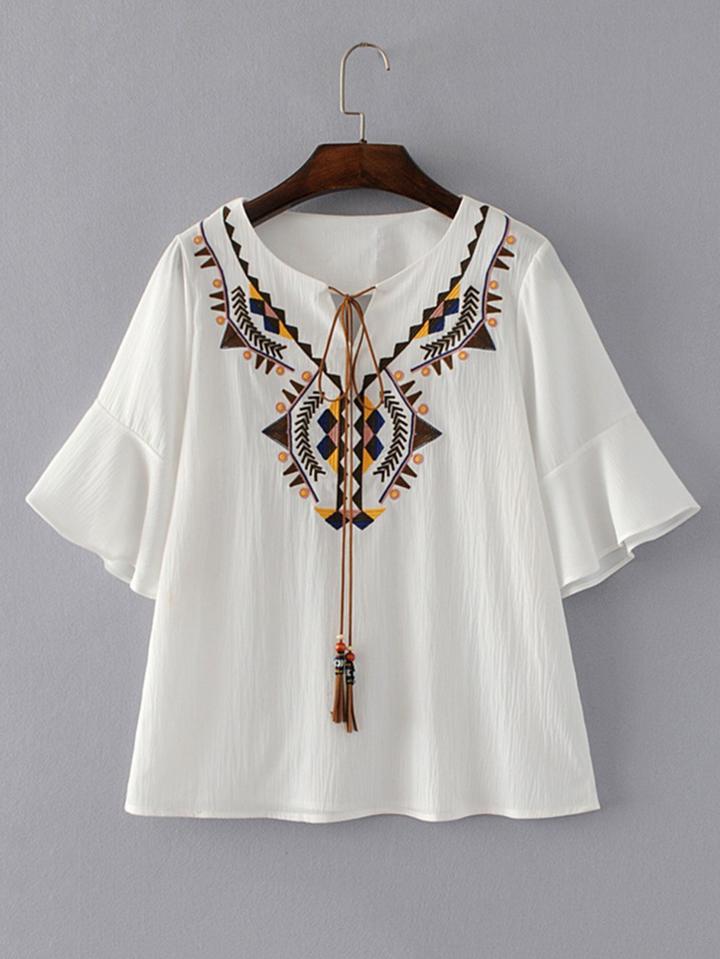 Romwe Bell Sleeve Tribal Print Tassel Tie Top