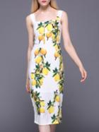 Romwe White Strap Backless Lemons Print Sheath Dress
