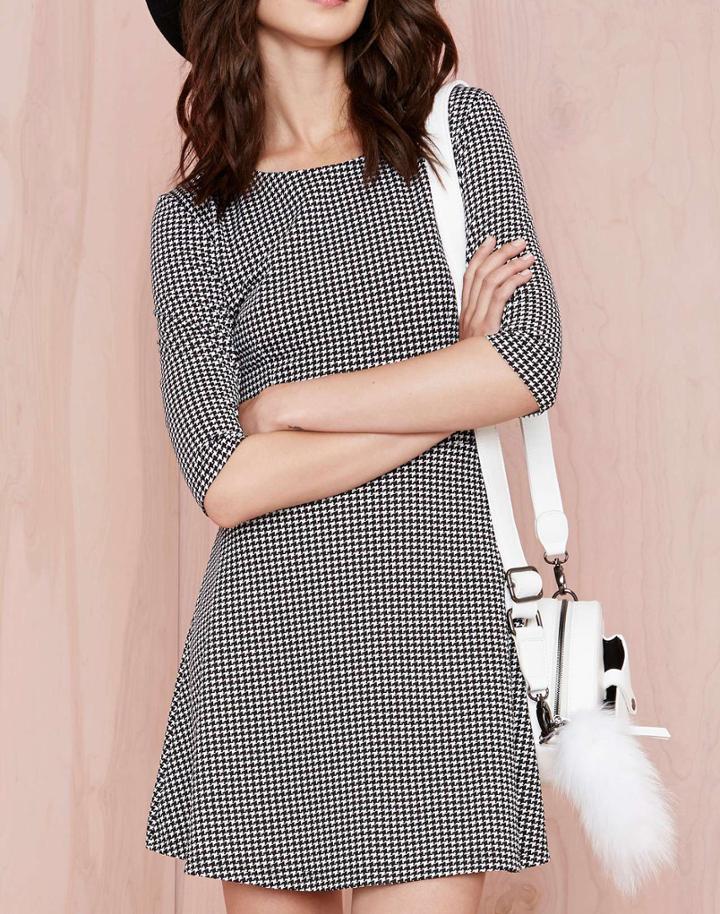 Romwe Black Half Sleeve Houndstooth Zipper Dress