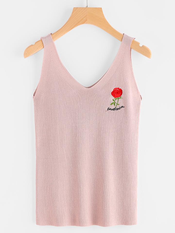 Romwe Rose Embroidered Ribbed Tank Top