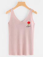 Romwe Rose Embroidered Ribbed Tank Top