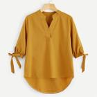 Romwe V-neck Knot Cuff Asymmetrical Hem Blouse