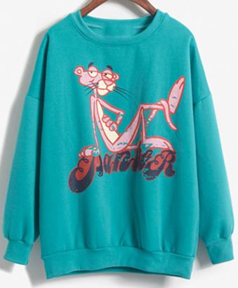 Romwe Cartoon Print Loose Green Sweatshirt