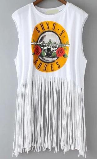 Romwe With Tassel Flower Print White Tank Top