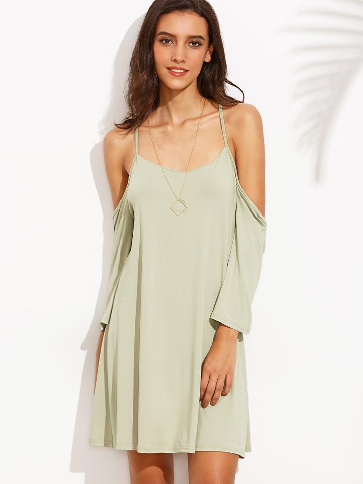 Romwe Green Cold Shoulder Open Back Criss Cross Dress