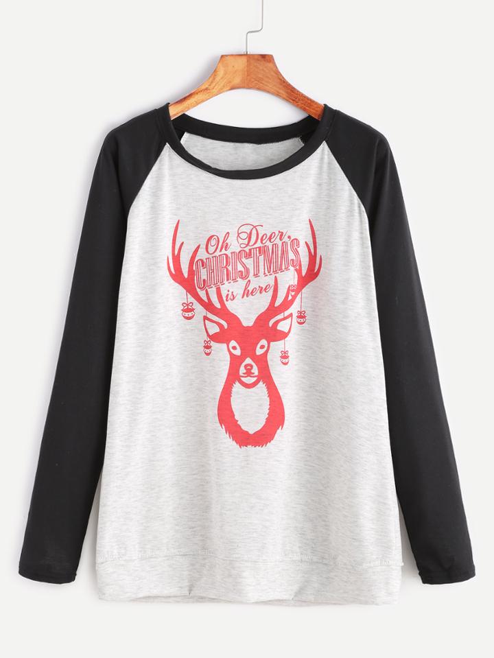 Romwe Christmas Print Contrast Raglan Sleeve T-shirt