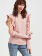 Romwe Pink Ruffle Open Shoulder T-shirt