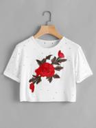 Romwe Embroidered Distressed Crop Tee