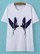 Romwe Bird Print Studded White T-shirt